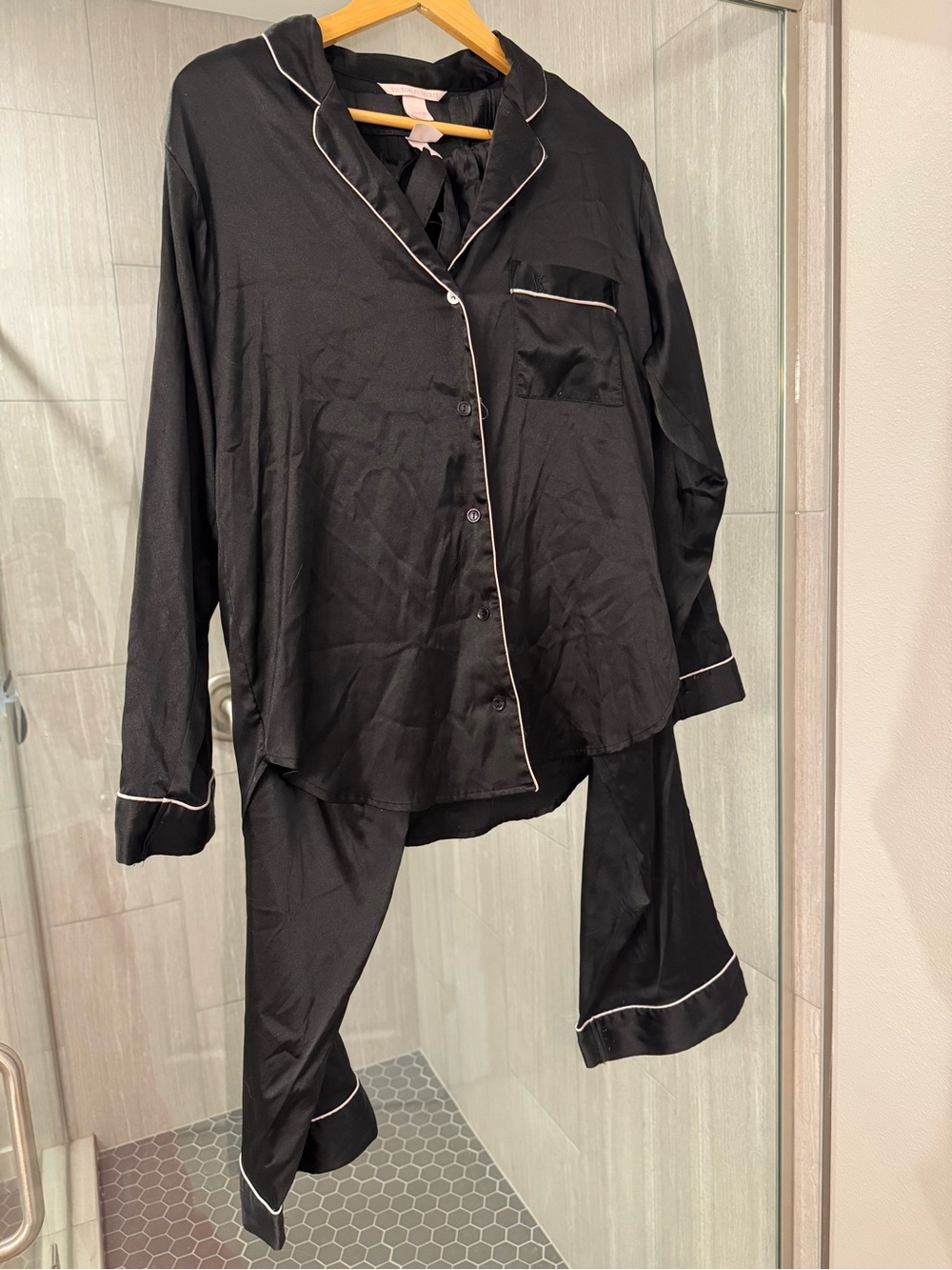 Victoria's Secret Black Satin Pajama Set with White Piping